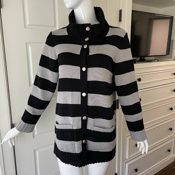 Saint James Wool Black Gray Sailor Stripe Fisherman Cardigan Sweater Size US 12 - Picture 14 of 16